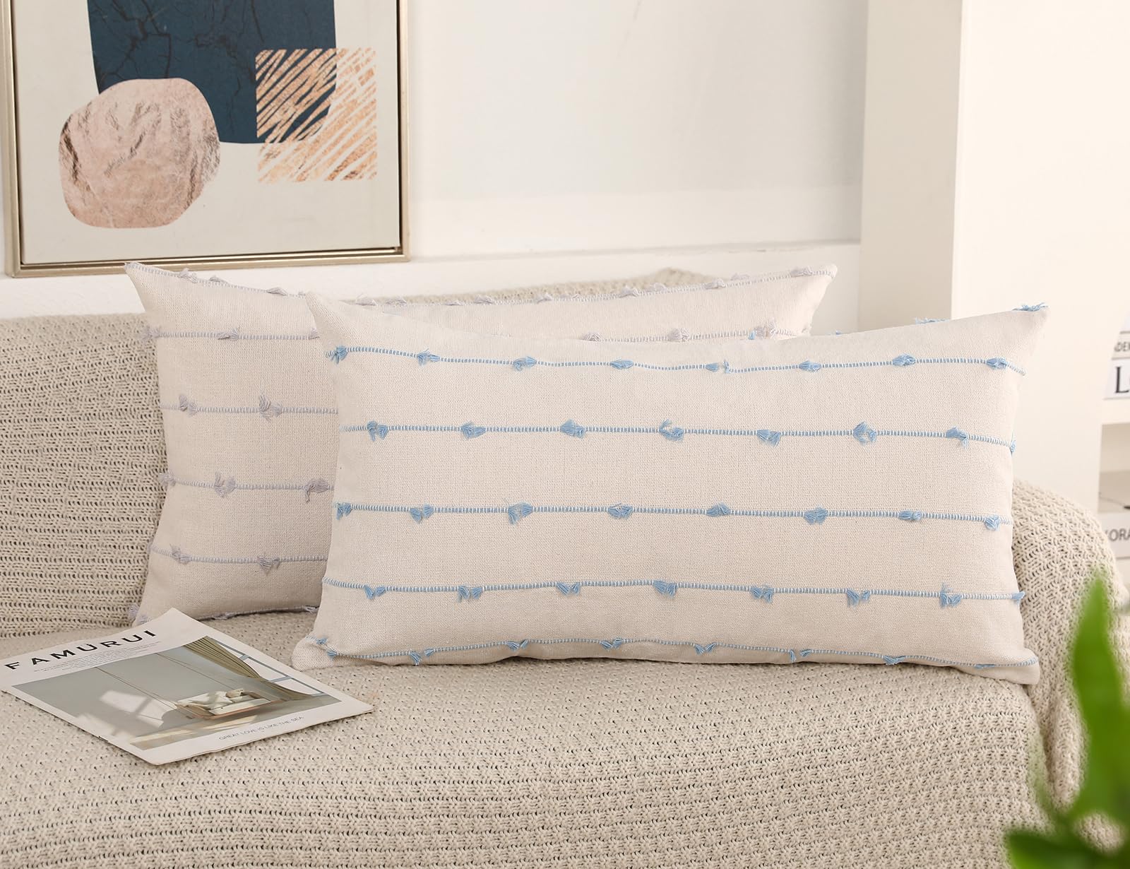 Nuyecy Boho Long Lumbar Pillow Covers 14 X 28 Stone Grey,Classic Striped Pattern Cotton Decorative Long Lumbar Pillow Cover Case