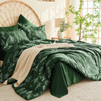 Muxhomo Dark Green Bed In A Bag Queen 7 Pieces, Queen Comforter Set Reversible Botanical Flowers Design, Ultra Soft & Breathable