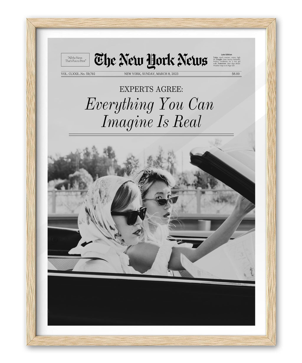 iHery Everything You Can Imagine Is Real Framed Trendy NewsPaper Wall Art, Natural OAK Wood 12x16in Canvas Wall Art Decor For Be