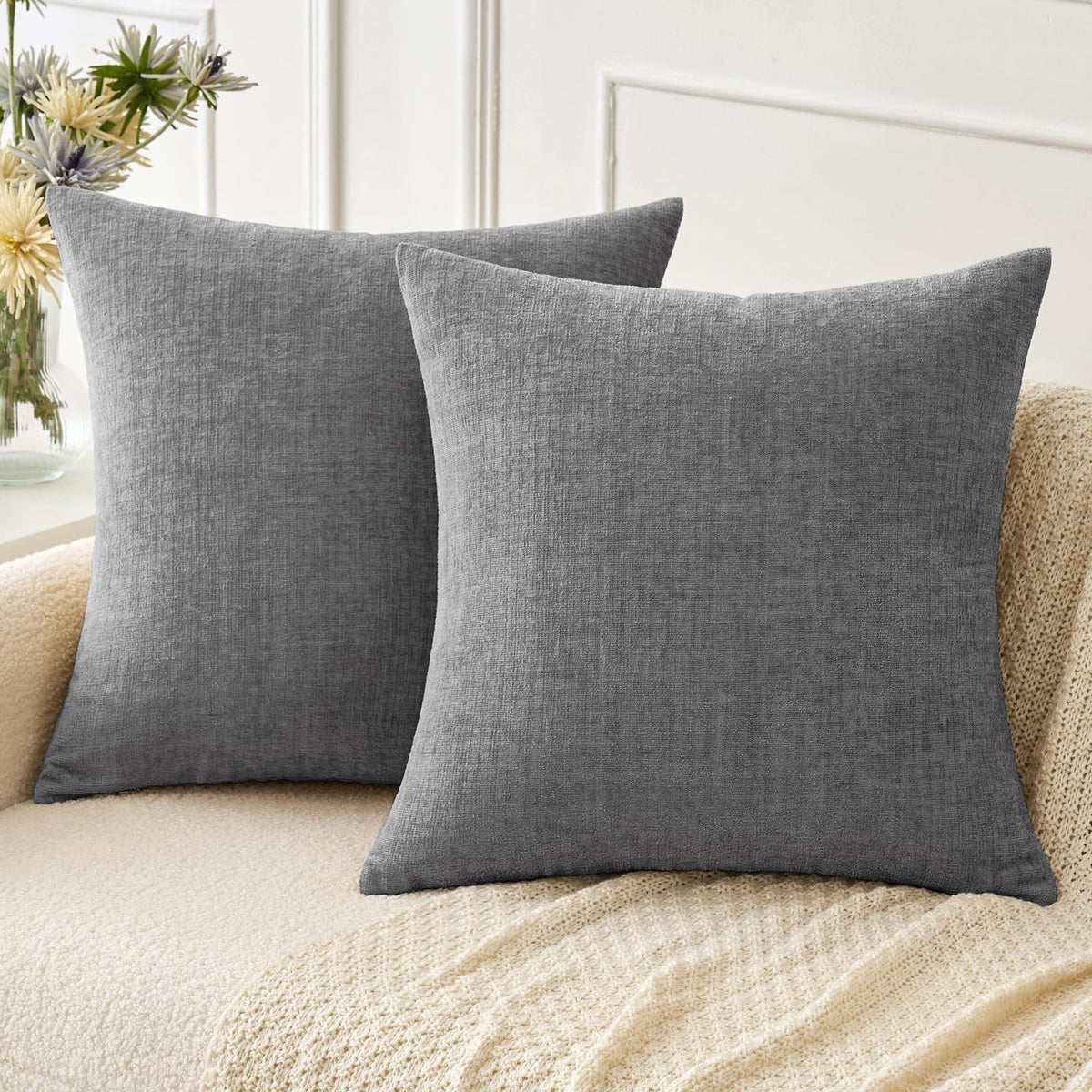 Miulee Pack Of 2 Dark Gray Throw Pillow Covers 16X16 Inch Soft Chenille Pillow Covers For Sofa Living Room Couch Solid Dyed Case