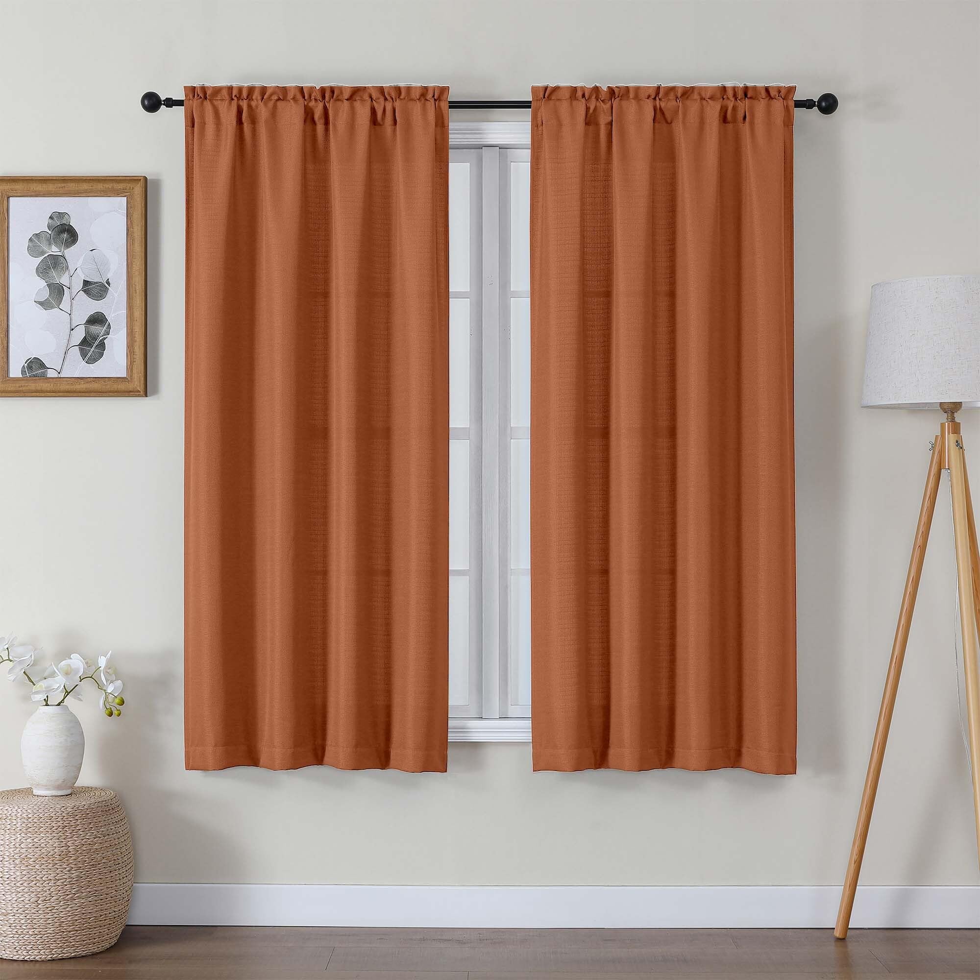 Lecloud Bessie Orange Curtains 63 Inch Length 2 Panels, Light Filtering Curtains for Bedroom, Faux Linen Textured Rod Pocket Cur