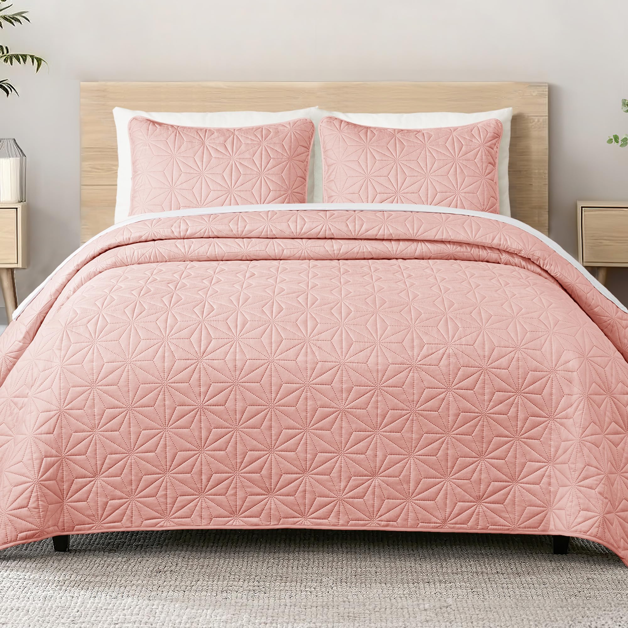 Whale Flotilla California King Bedding Set, Soft Blush Pink Oversized King Quilts Bedspreads For All Seasons, Lightweight Geomet