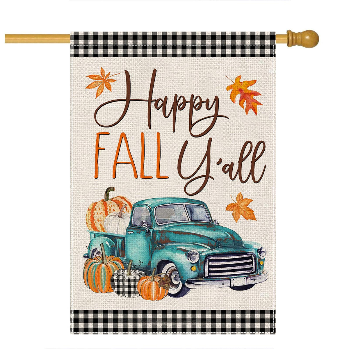 Thanksgiving Happy Fall Y'All House Flags For Outdoor 28X40 Inch Double Sided Harvest Buffalo Plaid Truck With Pumpkins Maple Le