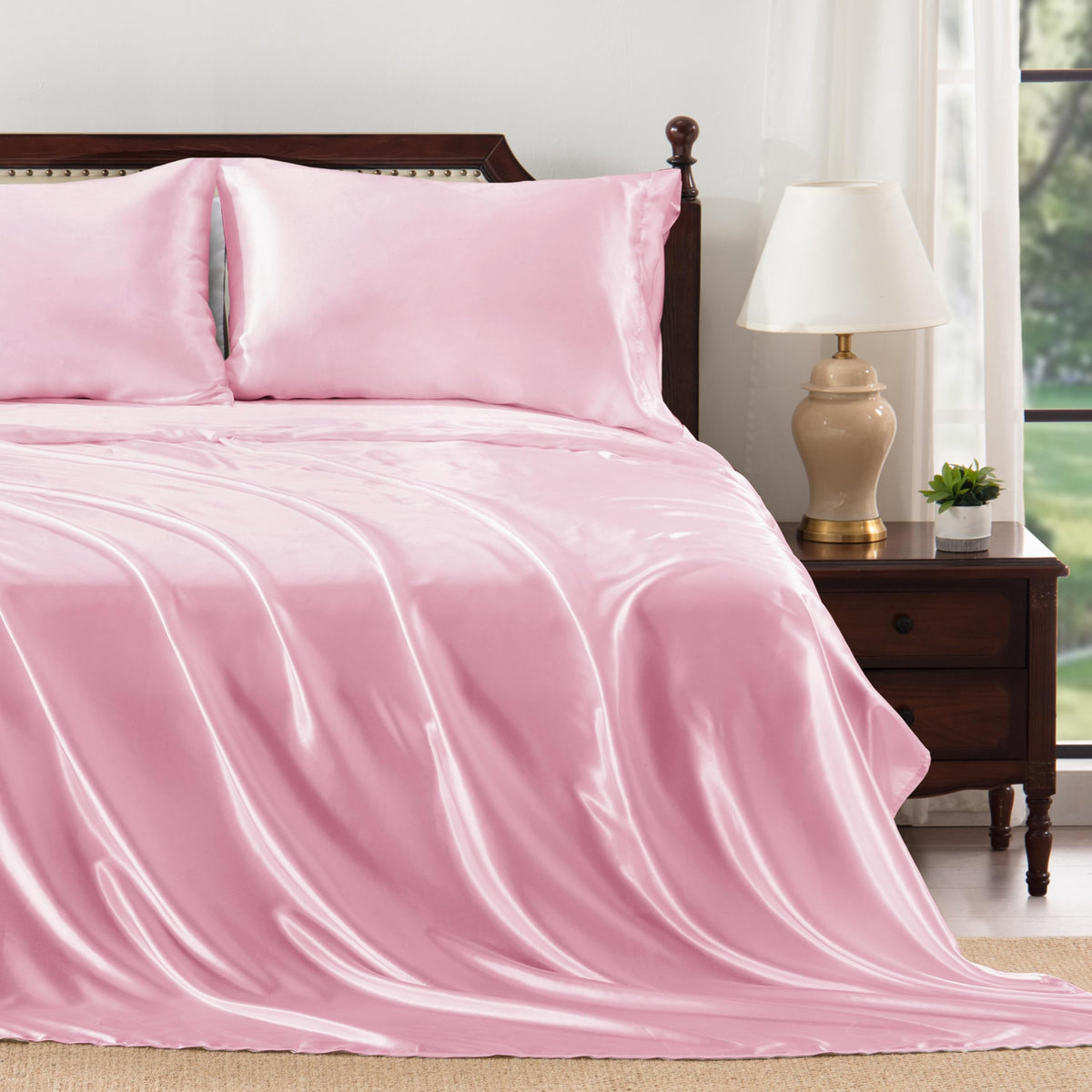 Heywaller 4 Pcs Satin Sheet Set Full Size Bed Sheets, Pink Satin Sheets Silky & Luxury Bed Set, Soft Deep Pocket Sheets Cooling