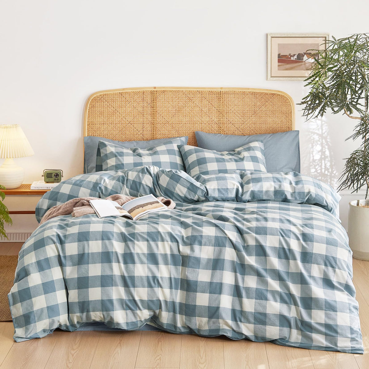 Wake In Cloud - Gingham Cotton Duvet Cover Set, Plaid Buffalo Check Checkered Farmhouse, 100% Washed Cotton Textured Percale Bed