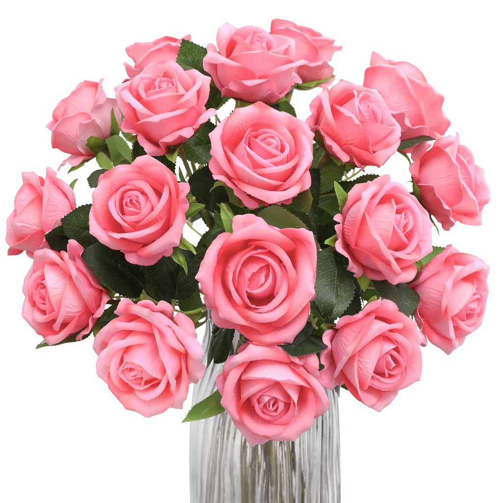Fake Roses Artificial Silk Flowers - 12 Pcs Pink Roses Artificial Faux Flowers with Stems for Home Wedding Centerpiece Hotel Off