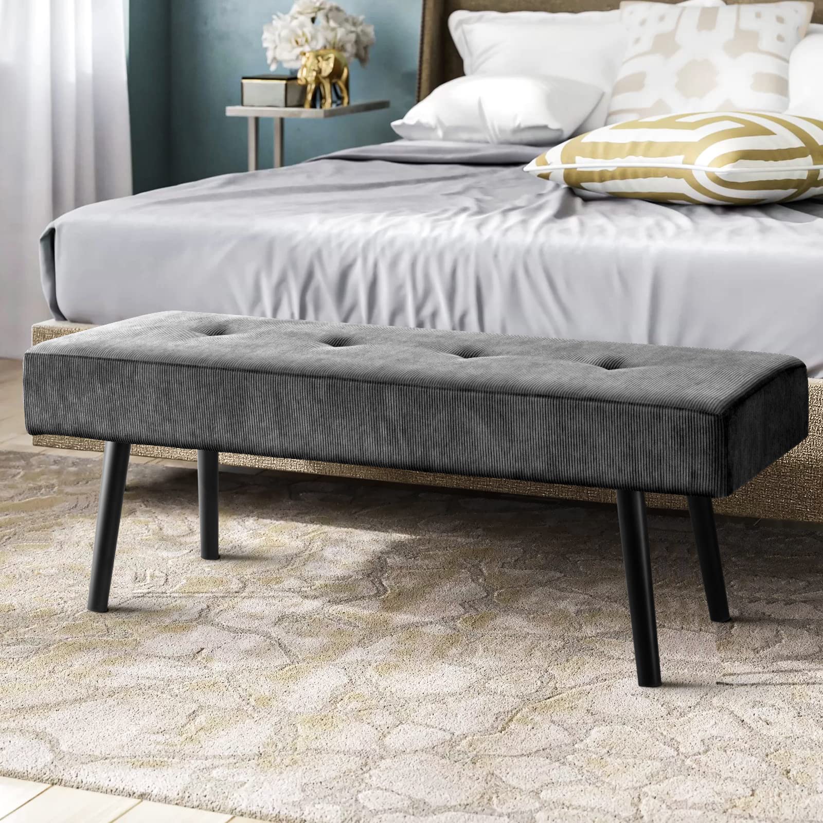 Comfy To Go Entryway Bench - Grey Bench For Bedroom, Modern Ottoman End Of Bed, Corduroy Padded Benches For Living Room, Foyer, Mudroom, Hallway - 39' L X 14' W X 17' H