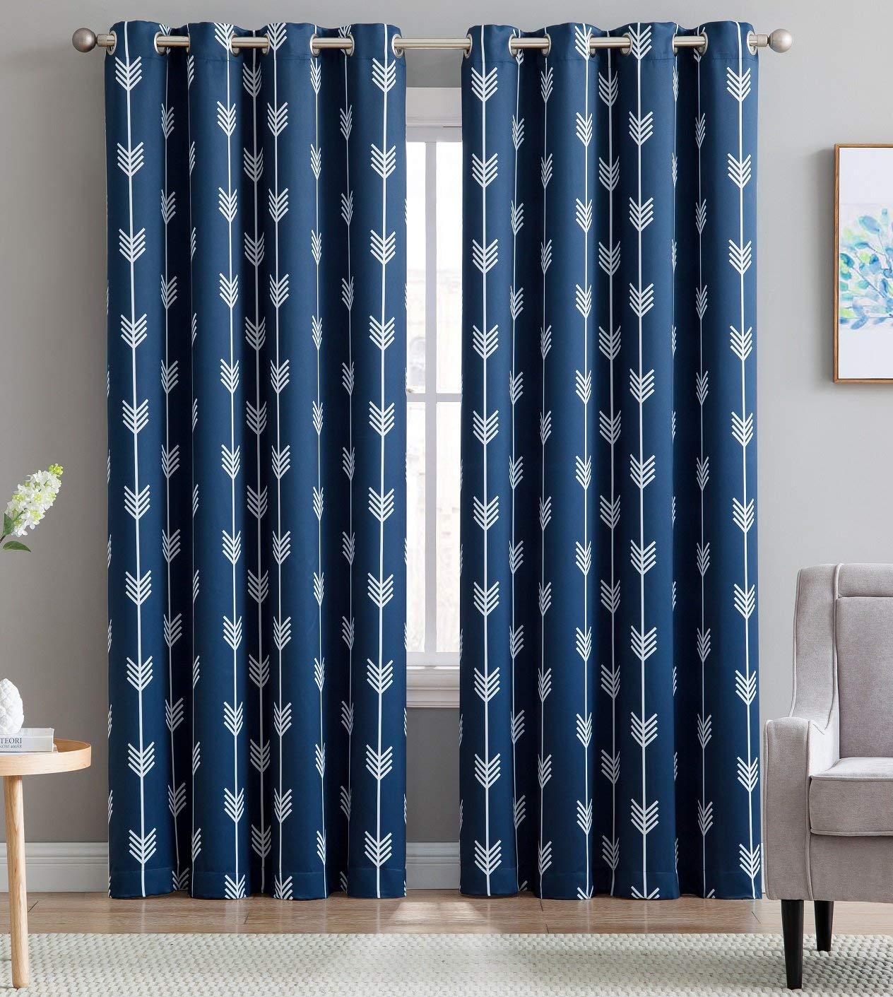Hlc.Me Arrow Printed Blackout Room Darkening Thermal Grommet Window Curtain Drape Panels For Bedroom - Set Of 2 - Navy Blue - 84