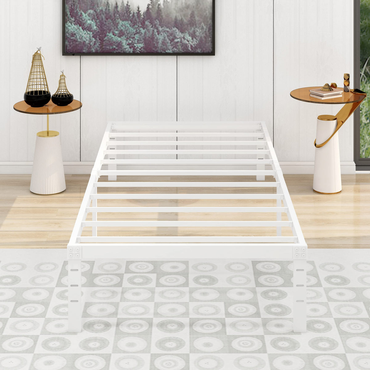 Alazyhome Twin Xl Size Bed Frame 14 Inch Metal Platform Bed Frame Heavy Duty Steel Slats Support No Box Spring Needed Noise-Free Easy Assembly White