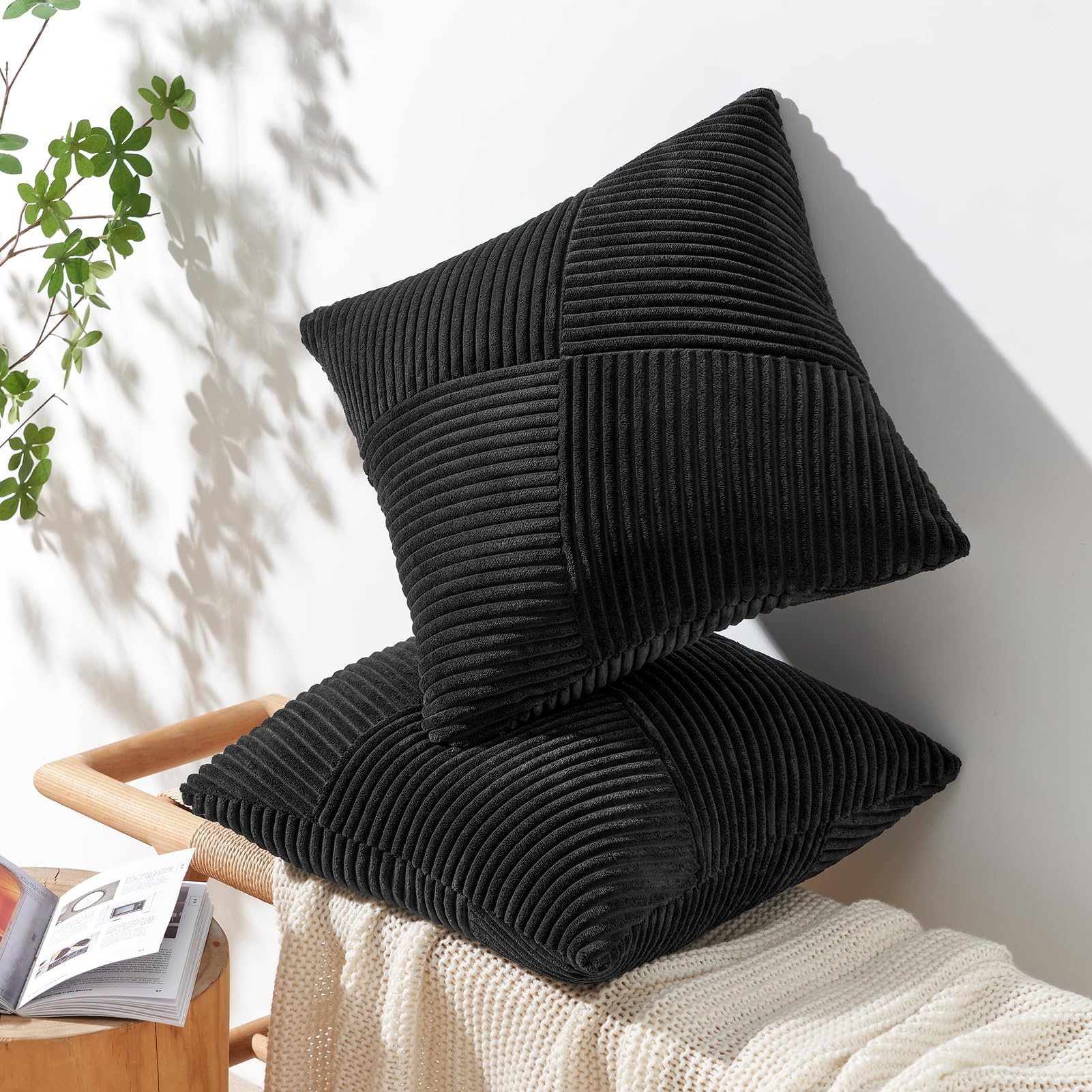 Topfinel Set Of 2 Black Decorative Yellow Throw Pillow Covers 12X12 Inch, Soft Corduroy Pillow Covers Windmill Textured Striped