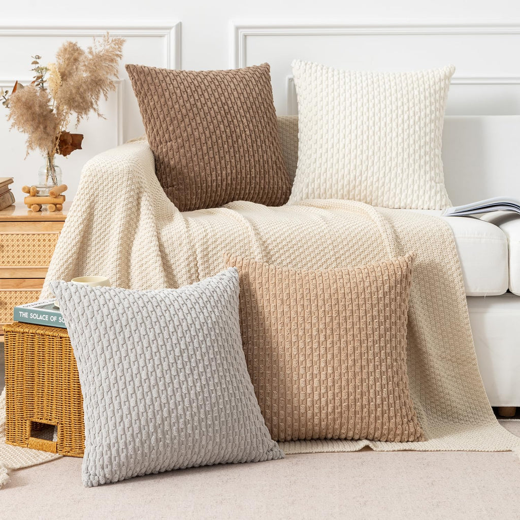 Kevin Textile 4 Packs Neutral Decorative Throw Pillow Covers 18X18 Inch For Living Room Couch Bed Sofa, Rustic Farmhouse Boho Home Decor, Soft Plush Striped Corduroy Square Cushion Case 45X45 Cm