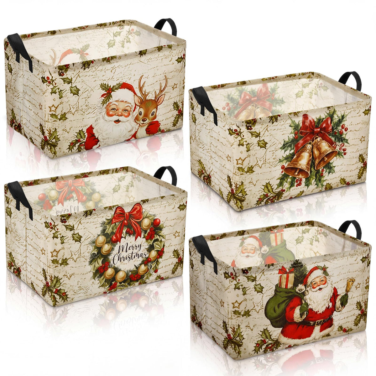 Chunful 4 Pack Christmas Storage Baskets for Gifts Collapsible Christmas Santa Claus Reindeer Retro Farmhouse Laundry Storage Bi