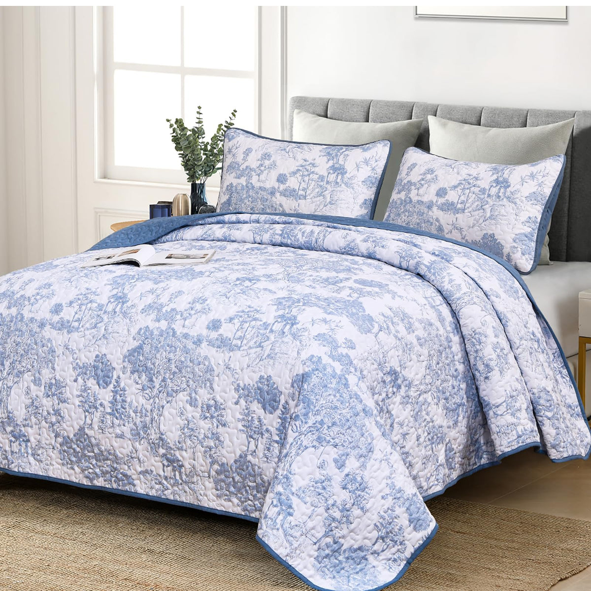 Wongs Bedding Blue Quilt Set Full Size, 3 Pieces Botanical Bedspreads Set Lightweight Microfiber Blue Plants Pattern Coverlet Ho