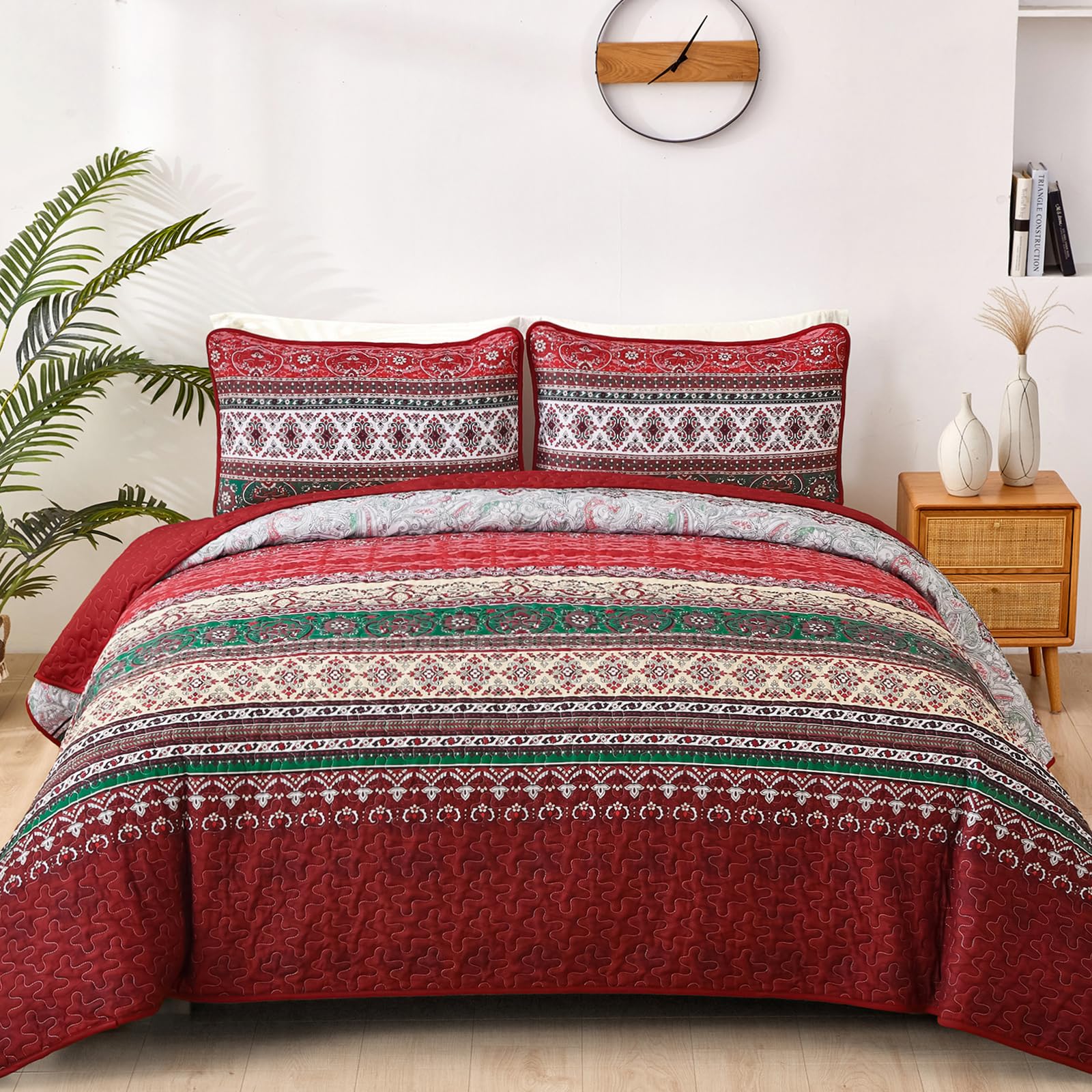 Wongs Bedding Boho King Quilt Set, Red Bohemian Quilt Bedding Set, Lightweight Bed Decor Bedspread For All Season Reversible Mic