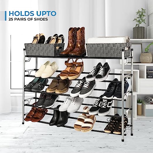 5-Tier Slide-n-Adjust Shoe Rack, Expandable Free-Standing Organizer, Silver & Black
