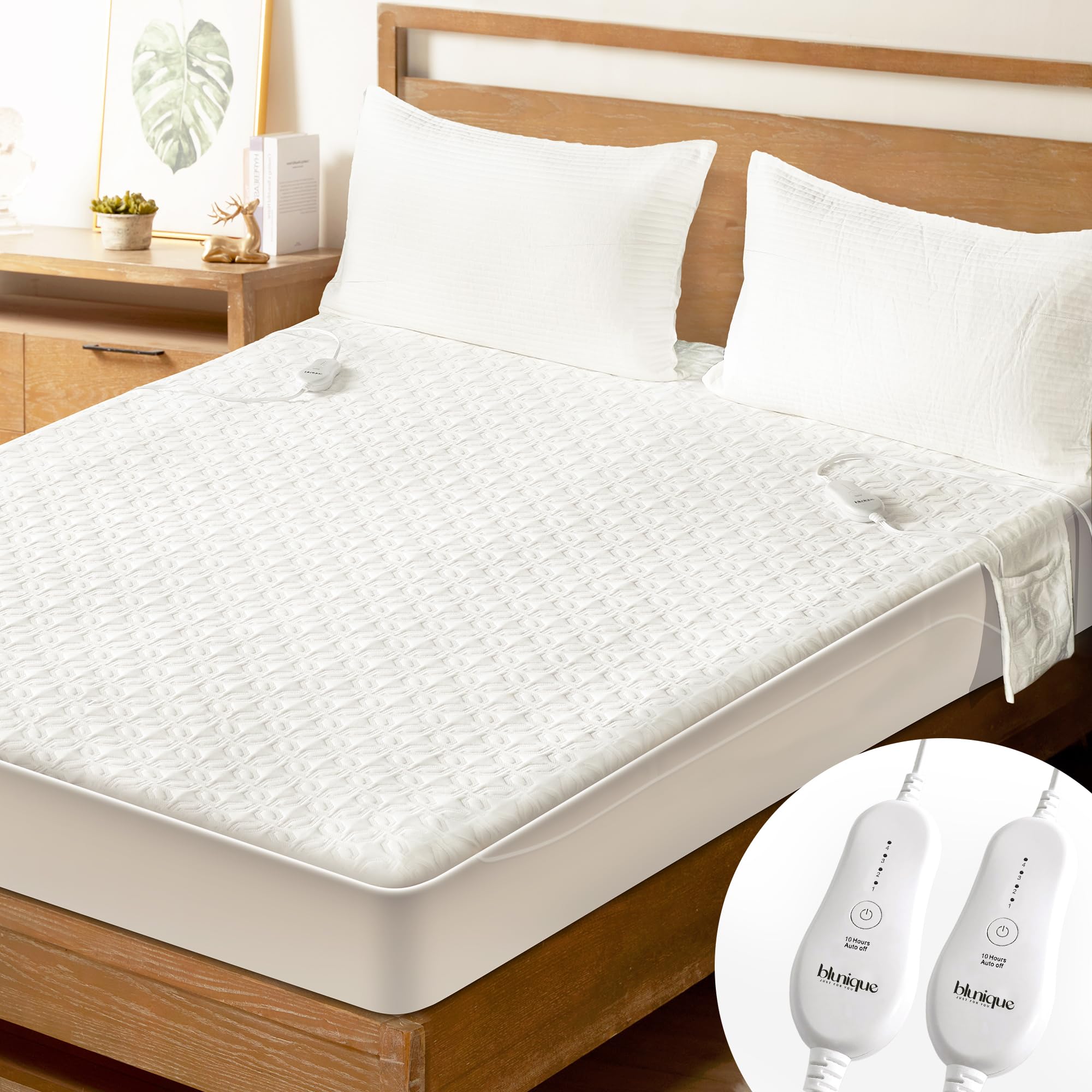Blunique Electric Heated Mattress Pad King Size Dual Control Bed Warmer, Deep Pocket, Side Storage Pouch For Controller, Machine