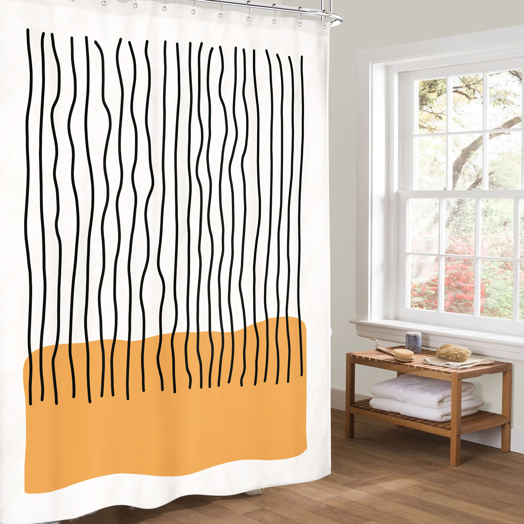 Riyidecor Abstract Mid Century Shower Curtain Modern Minimalist Vertical Stripe And Orange Block 60Wx72H Inch Black Line Colorfu