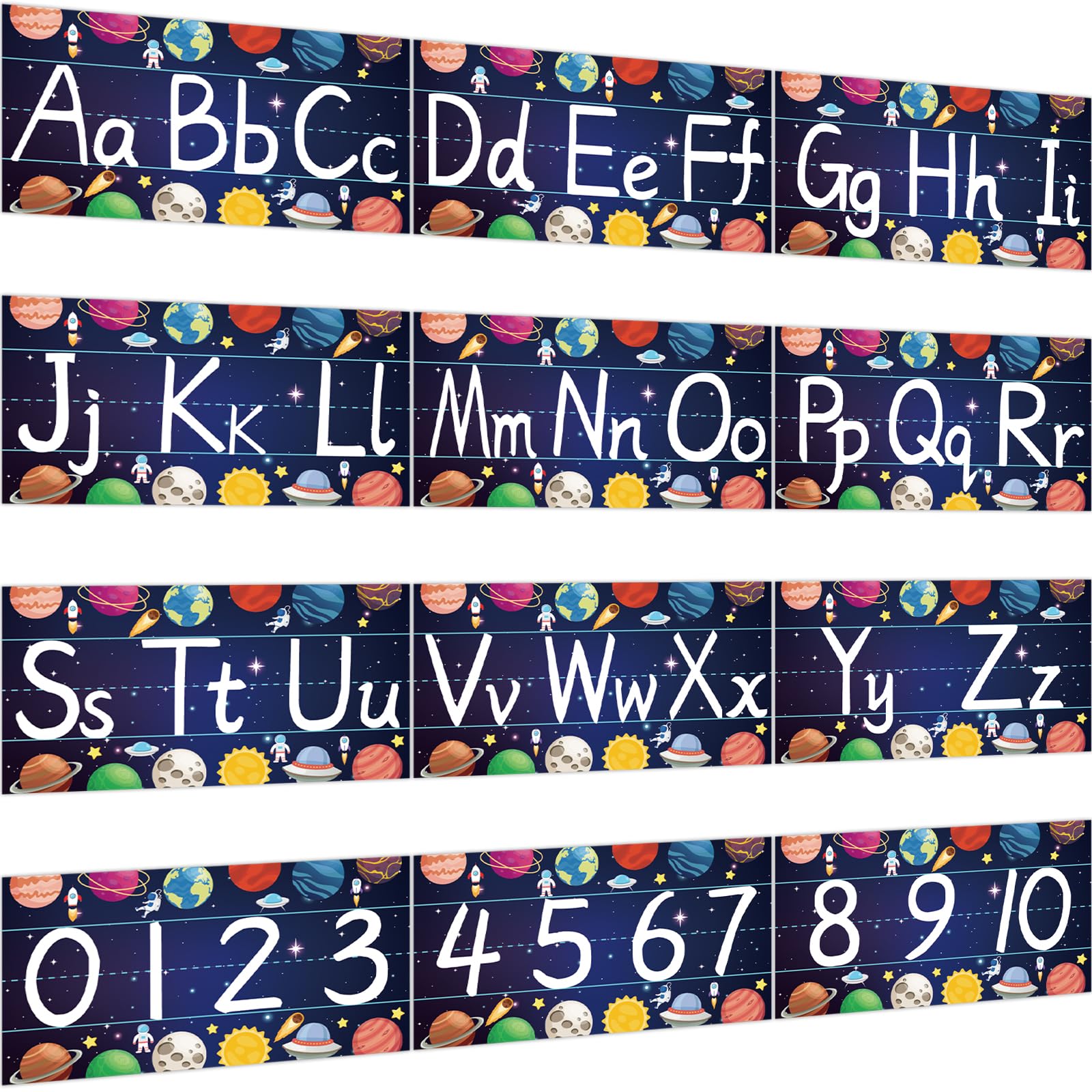 Gisgfim 12 Pieces Alphabet Bulletin Board Strips Set Outer Space Alphabet Line Abc Alphabet Banner & Number Border Space Posters