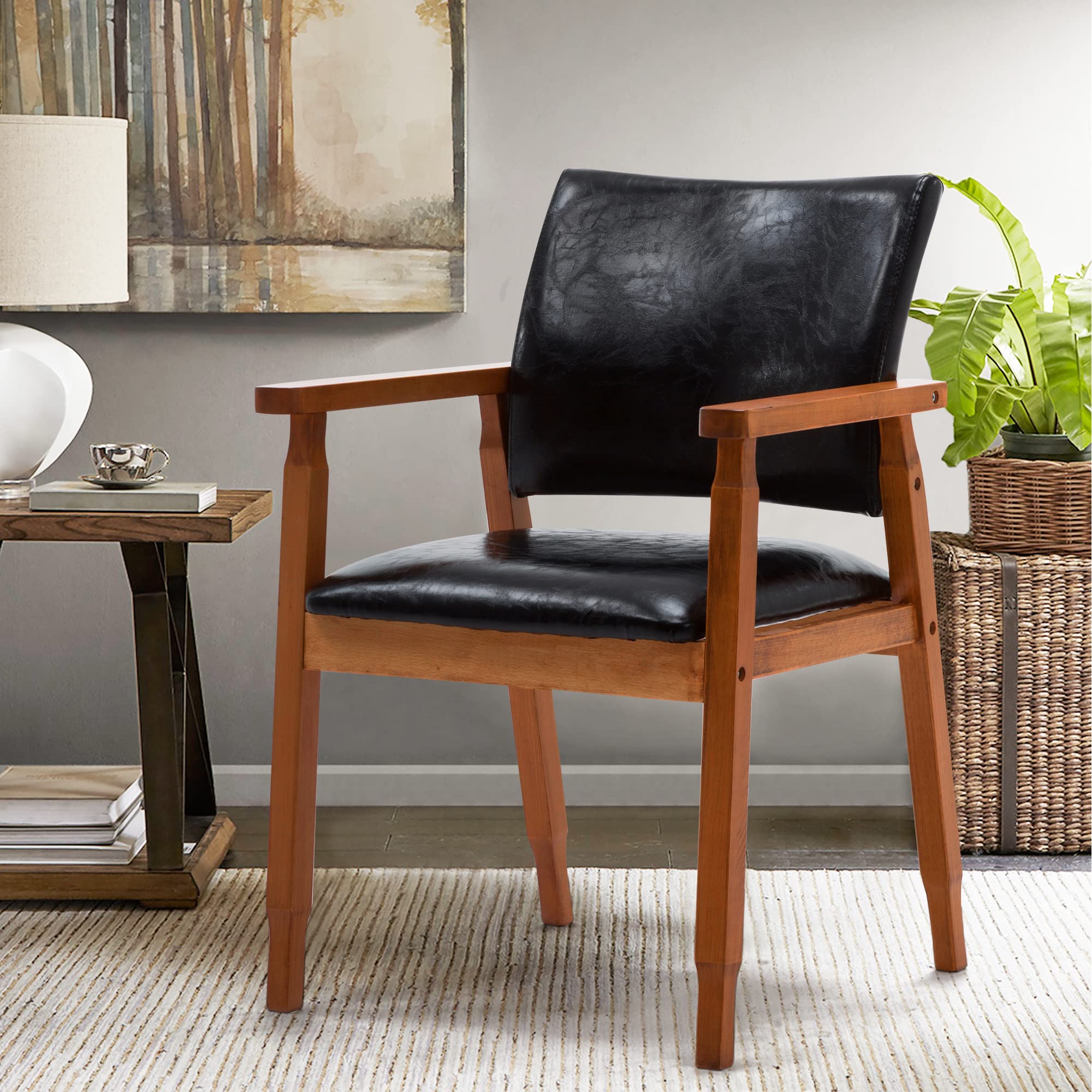 Nobpeint Mid-Century Dining Side Chair With Faux Leather Seat In Black, Arm Chair In Walnut