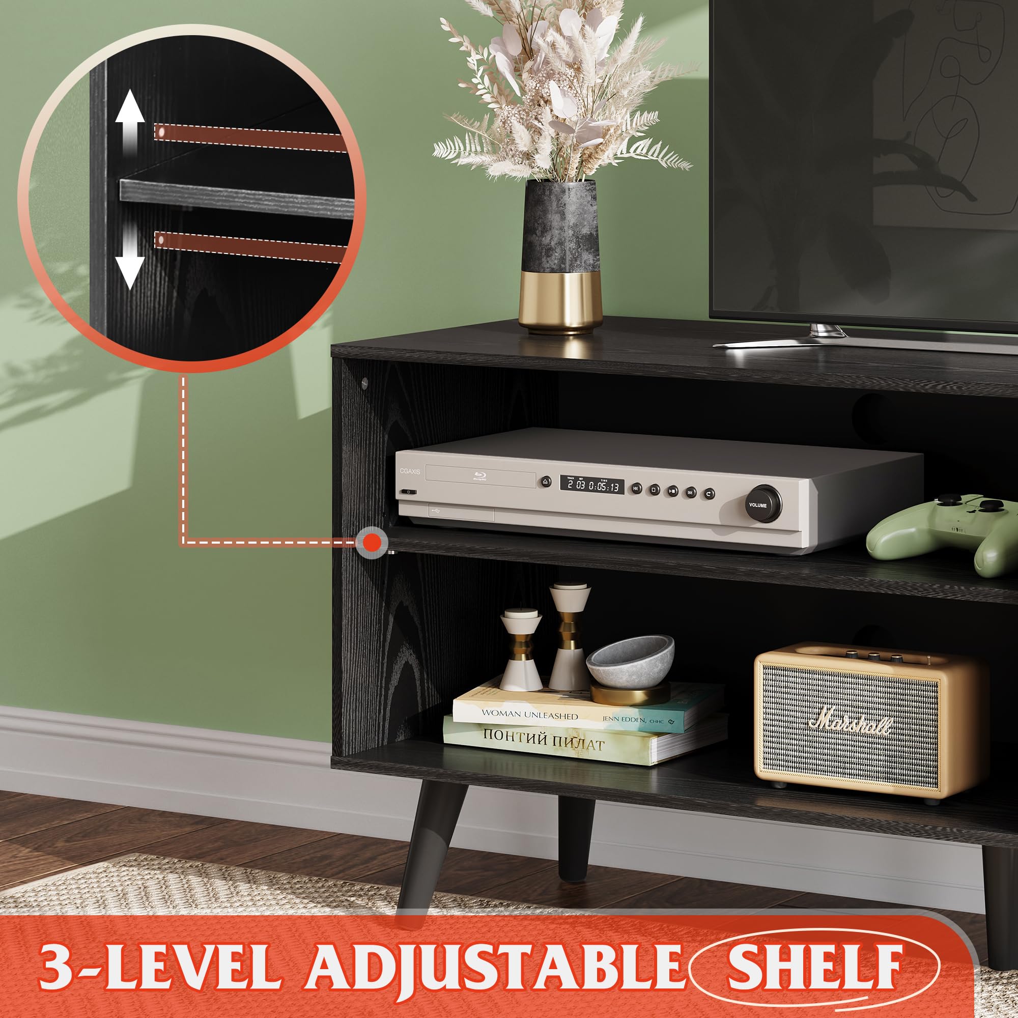 Wlive Tv Stand For 55 Inch Tvs, Entertainment Center With Storage Cabinet, Mid-Century Tv Stands For Living Room And Bedroom, 50' Tv Console, Black