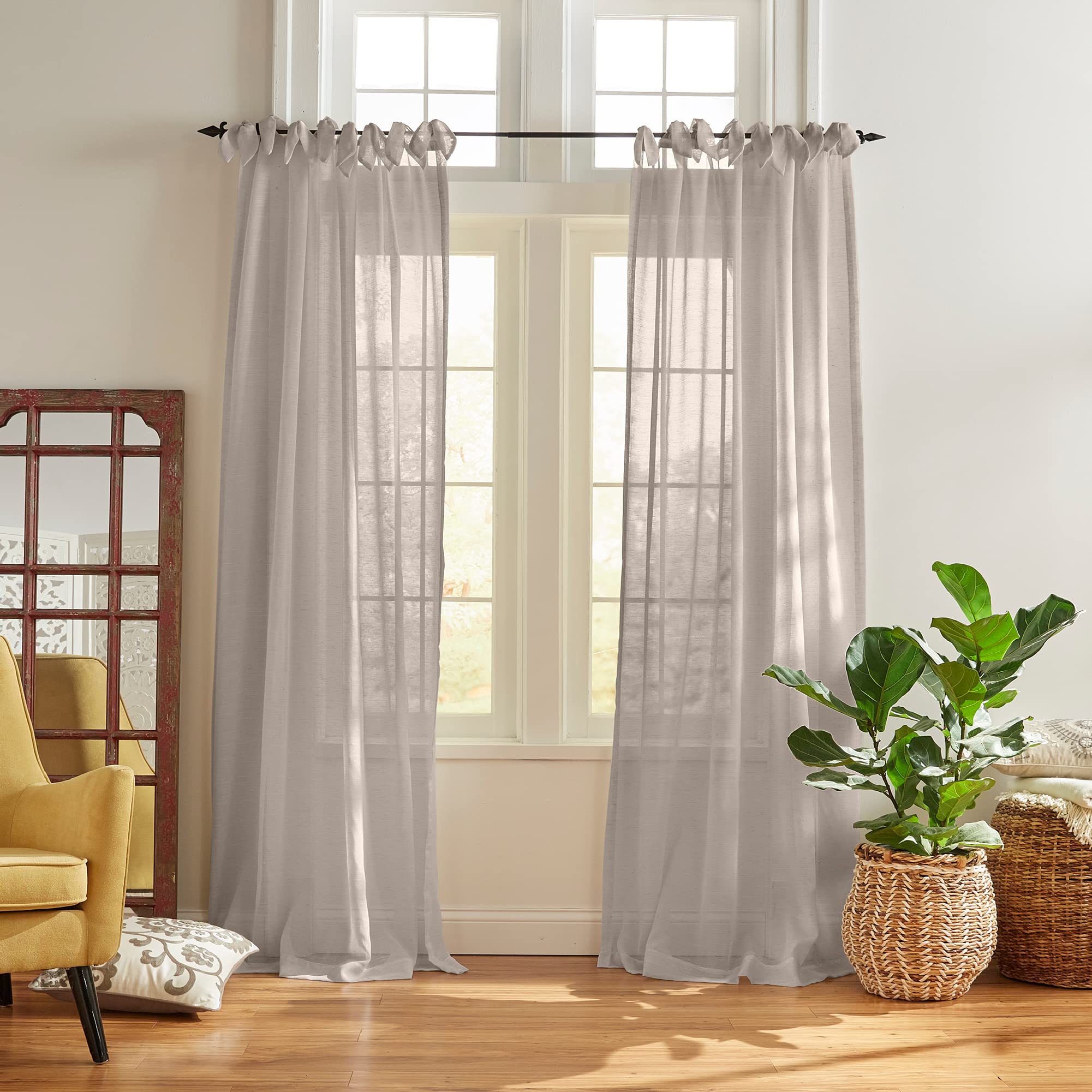 Elrene Home Fashions Vienna Sheer Tie-Top Window-Curtain Panel, 52 in x 84 in (1 Panel), Light Gray