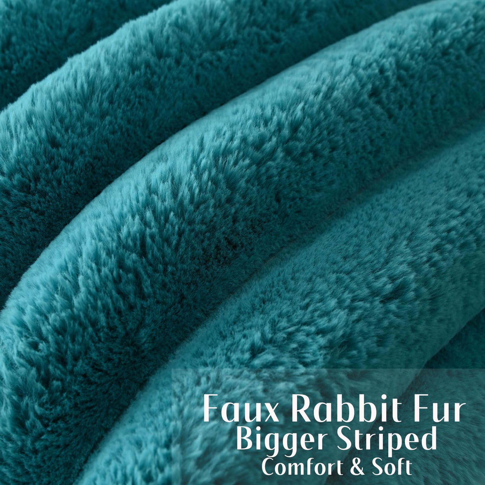Futei Teal Decorative Throw Pillow Covers 20X20 Inch Set Of 2, Square Soft Faux Rabbit Fur Big Striped Cushion Cover,Home Decor