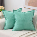 Haussy Turquoise Small Throw Pillow Covers 12X12 Inch Set Of 2,Soft Solid Corduroy Striped/Wide Bordered,Square Decorative Cushi