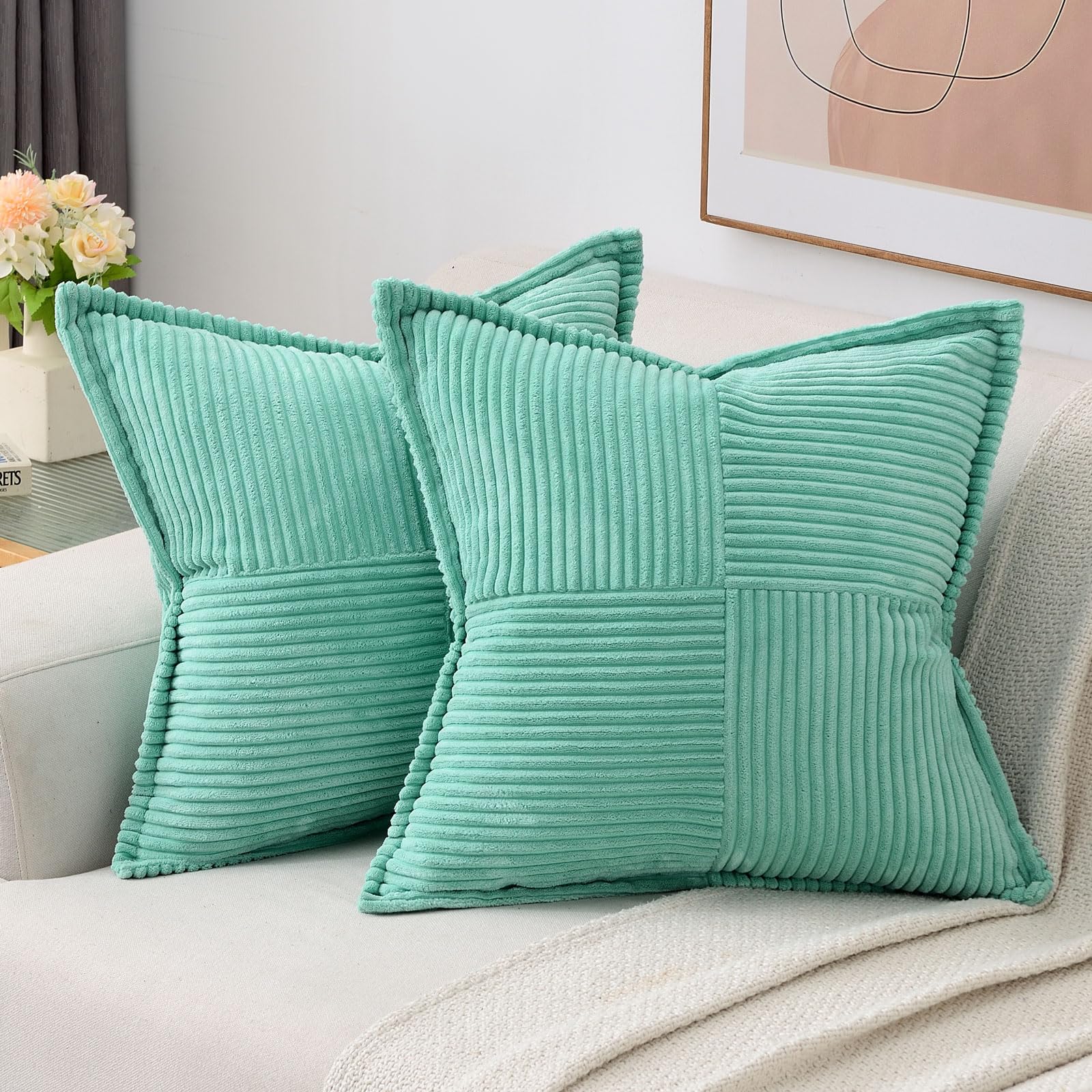 Haussy Turquoise Small Throw Pillow Covers 12X12 Inch Set Of 2,Soft Solid Corduroy Striped/Wide Bordered,Square Decorative Cushi