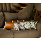 HomeRoots Brown Set of 4 Gray and White Geo with Faux Leather Lumbar Pillow Covers