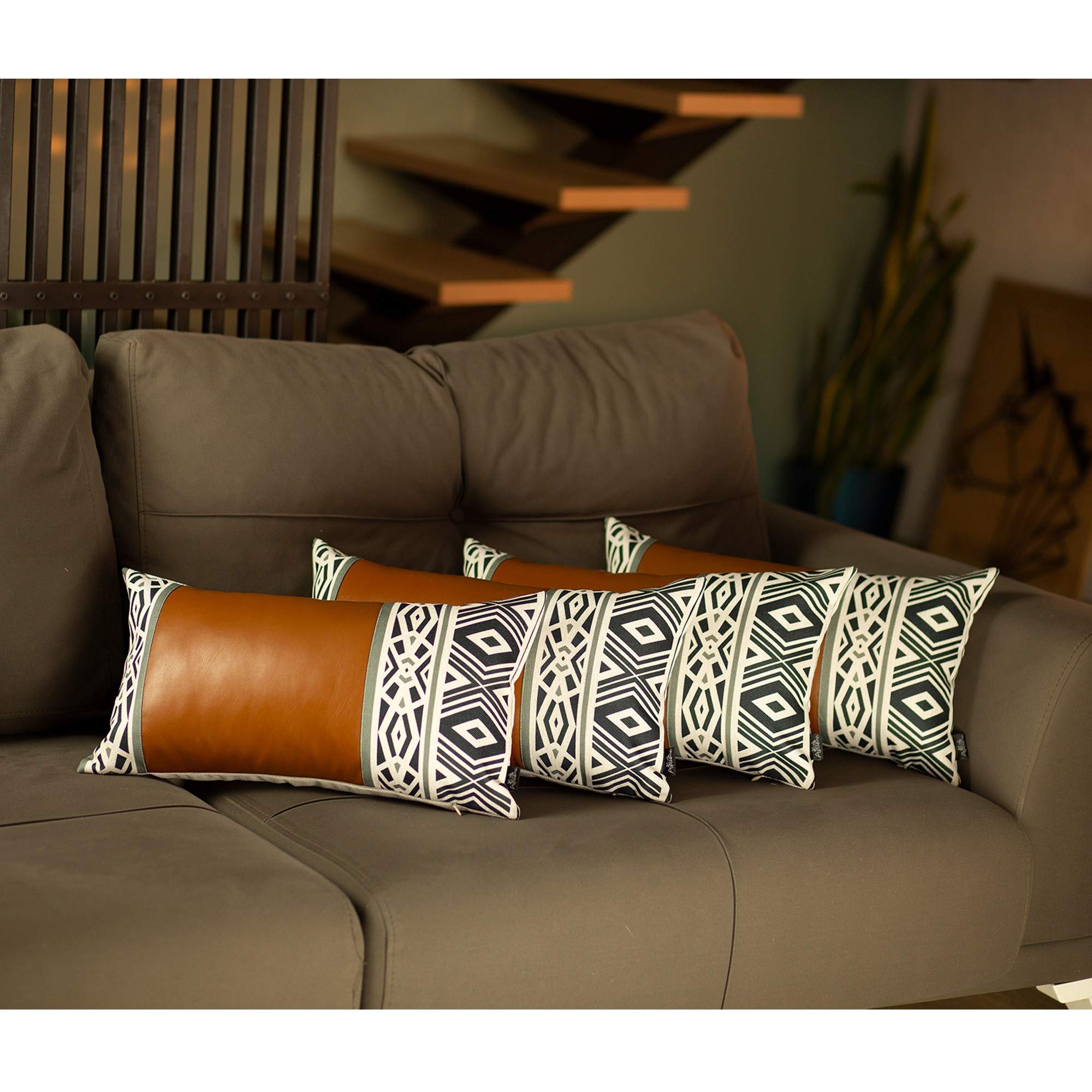 HomeRoots Brown Set of 4 Gray and White Geo with Faux Leather Lumbar Pillow Covers