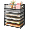 Subekyu 6 Tier Paper File Tray Organizer For Desk, Black Mesh Desk Letter Paper File Folder Accessories Sorter Organizer With Ha