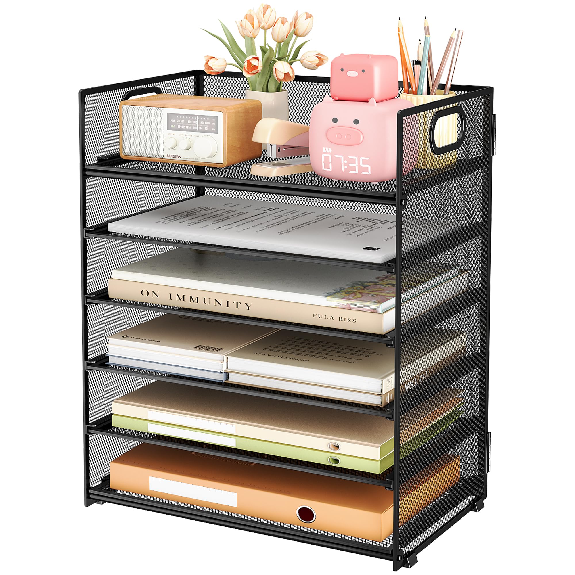 Subekyu 6 Tier Paper File Tray Organizer For Desk, Black Mesh Desk Letter Paper File Folder Accessories Sorter Organizer With Ha