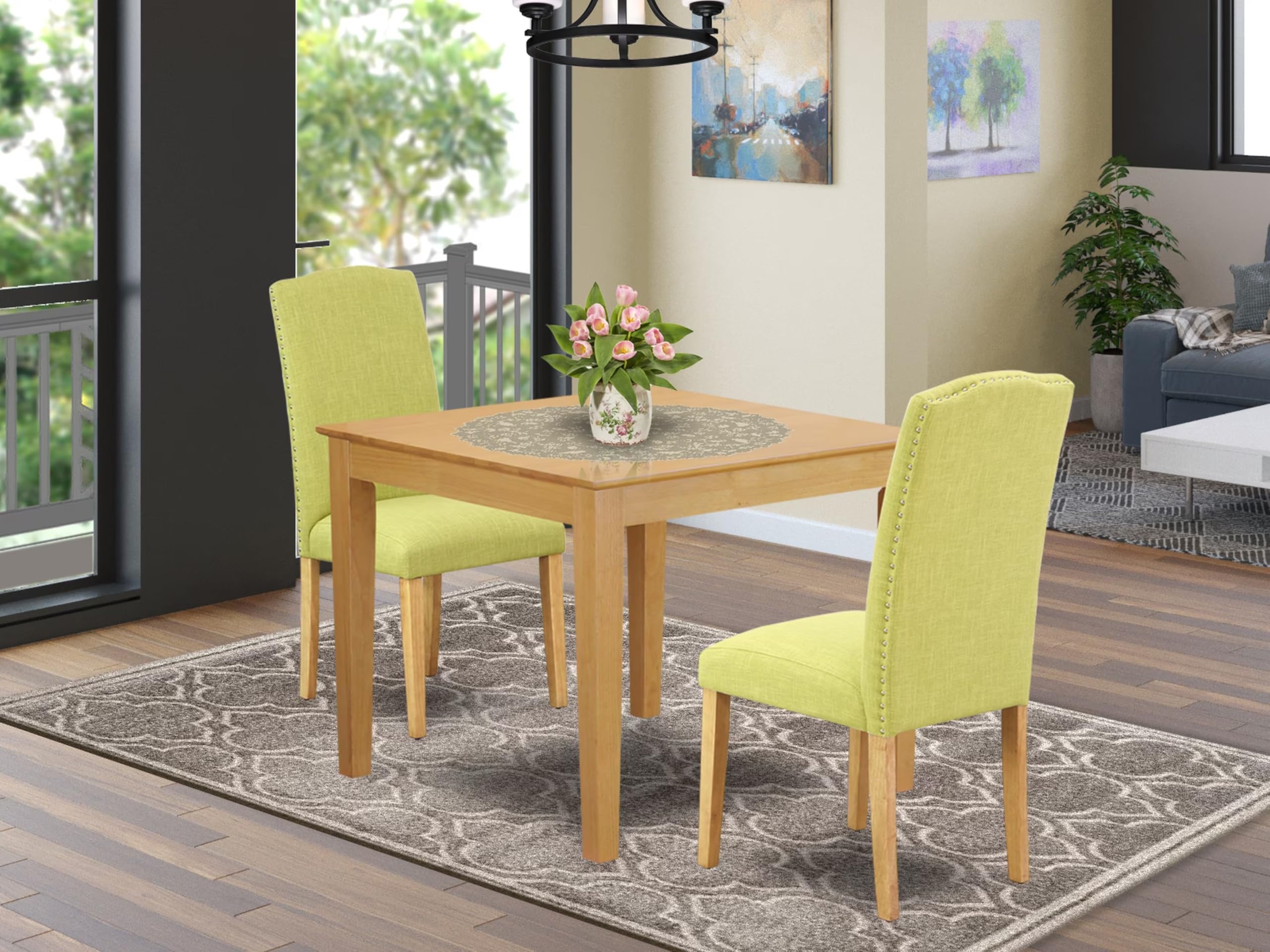 East West Furniture Oxen3-Oak-07 3 Piece Dining Table Set For Small Spaces Contains A Square Dining Room Table And 2 Limelight Linen Fabric Parsons Chairs, 36X36 Inch, Oak