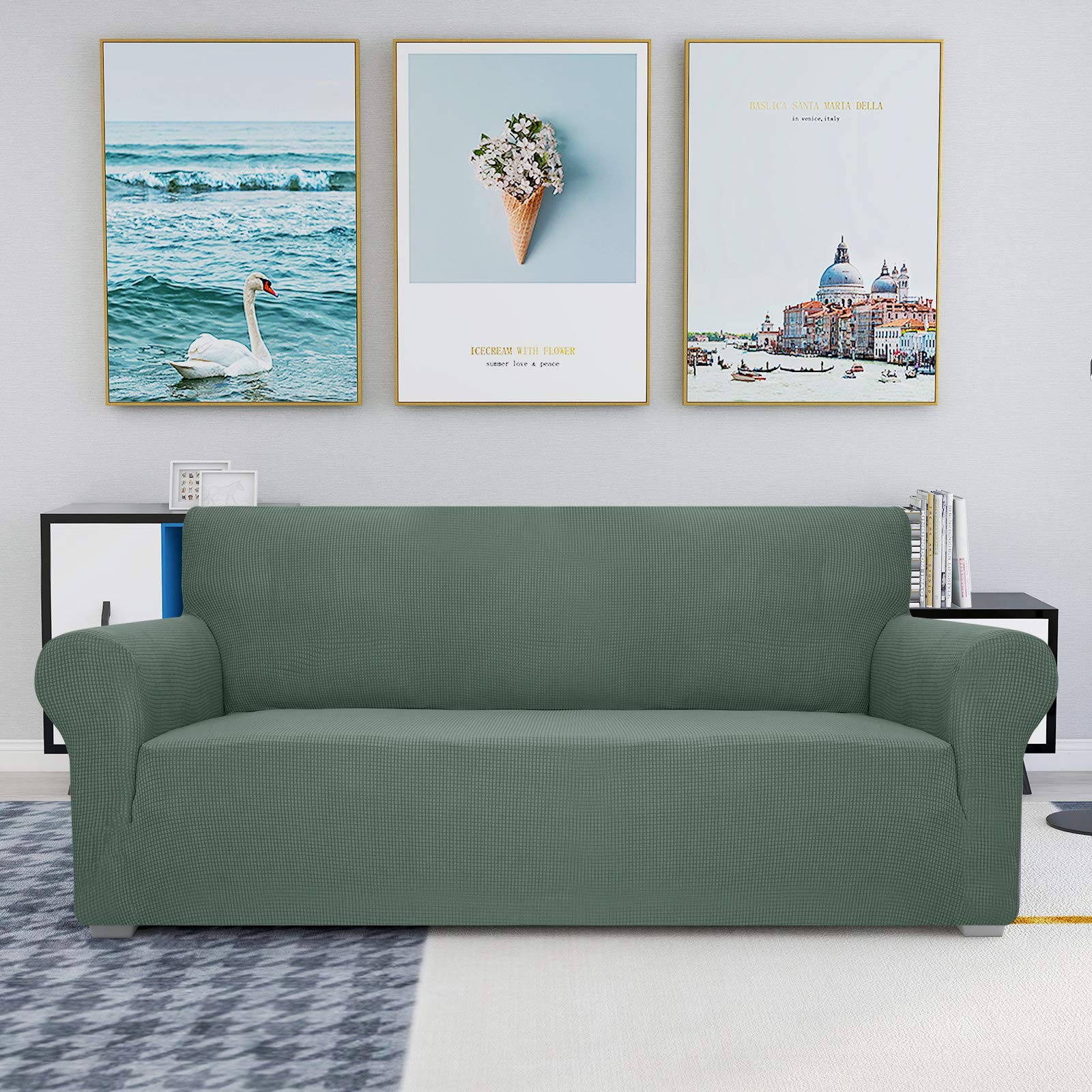 Jiviner High Stretch Couch Covers For 3 Cushion Couch 1-Piece Jacquard Elastic Sofa Slipcovers Anti Slip Sofa Cover With Elastic Bottom Furniture Protector For Kids Pets (Sofa, Pea Green)