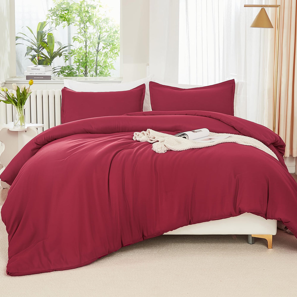 Litanika Burgundy Red Comforter Set King Size, 3 Pieces Lightweight Solid Bedding Comforter Set, All Season Fluffy Bed Set (104X