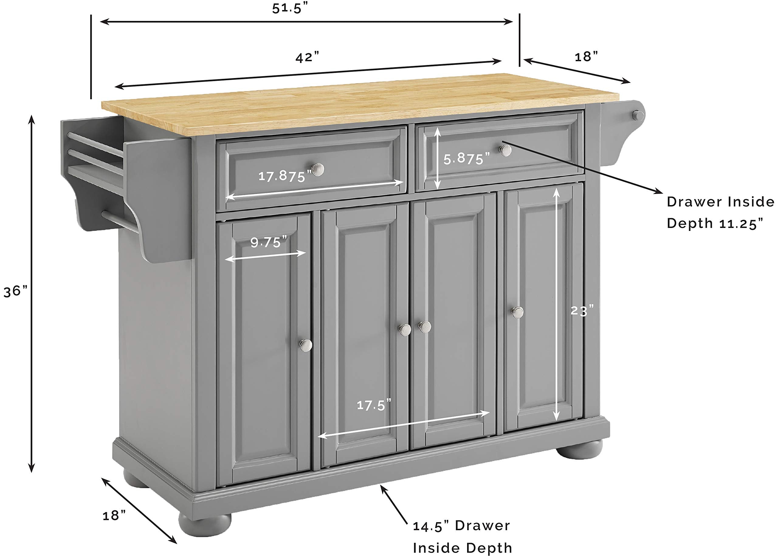 Crosley Furniture Alexandria Wood Top Rolling Kitchen Island Storage Cart, Microwave Stand, Spice Rack, Gray