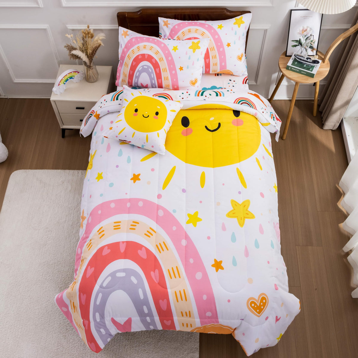 Btargot 5 Piece Pink Rainbow Comforter Set For Girls Boys Kids, Twin Size Cartoon Love Hearts Flowers And Sun Star Bedding Set,