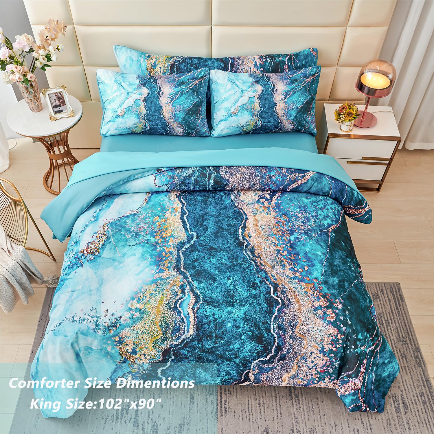 Perfemet 6 Pieces Teal King Size Comforter Set Watercolor Marble Bedding Set For Adult Women Abstract Artwork Colorful Bed In A