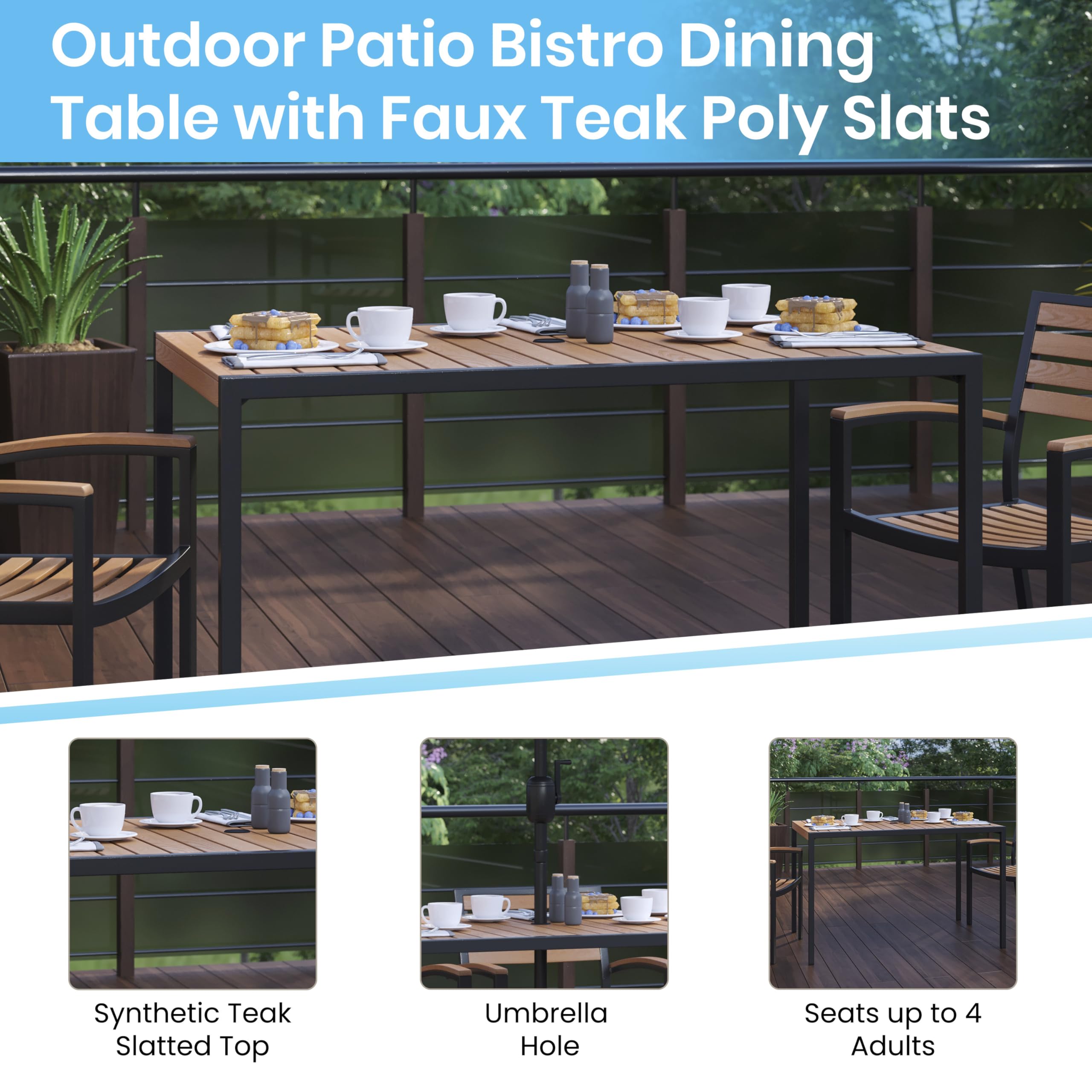 Flash Furniture Lark 3 Piece Outdoor Patio Table Set - Natural Faux Teak Dining Table - 30" x 48" Synthetic Teak Patio Table with Gray Umbrella and Base