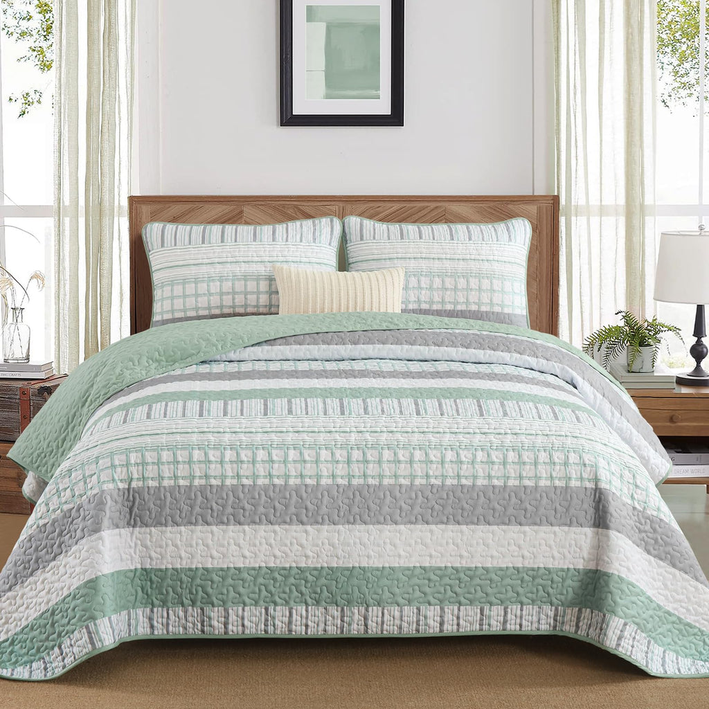 DJY Striped Quilt Set King Size, Sage Green Boho Bedspread Set 3 Pieces Patchwork Coverlet Bedding Set Lightweight Soft Microfib