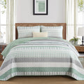DJY Striped Quilt Set King Size, Sage Green Boho Bedspread Set 3 Pieces Patchwork Coverlet Bedding Set Lightweight Soft Microfib