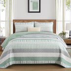 DJY Striped Quilt Set King Size, Sage Green Boho Bedspread Set 3 Pieces Patchwork Coverlet Bedding Set Lightweight Soft Microfib