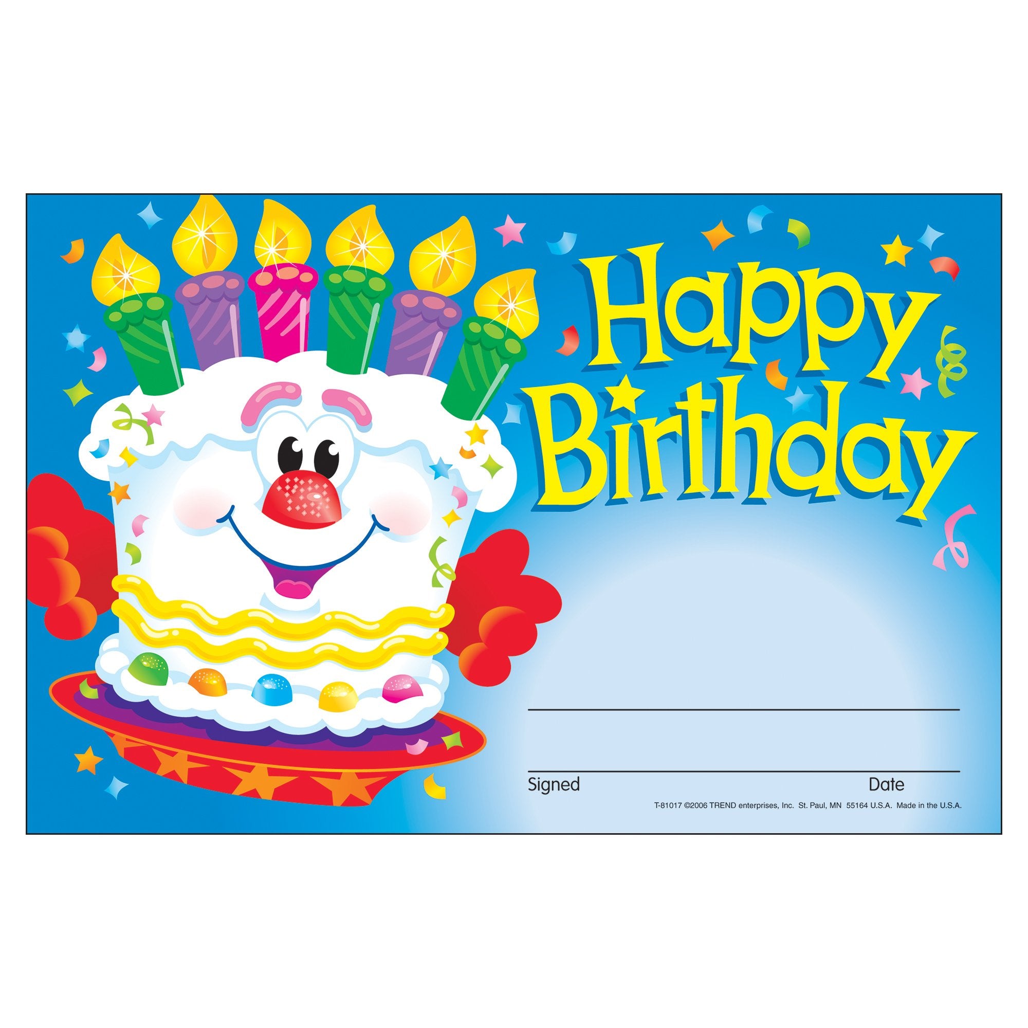 Trend Enterprises, Inc. Happy Birthday Cake Recognition Awards, 30 Ct, Multicolor, 8-1/2 X 5-1/2 In (T-81017)