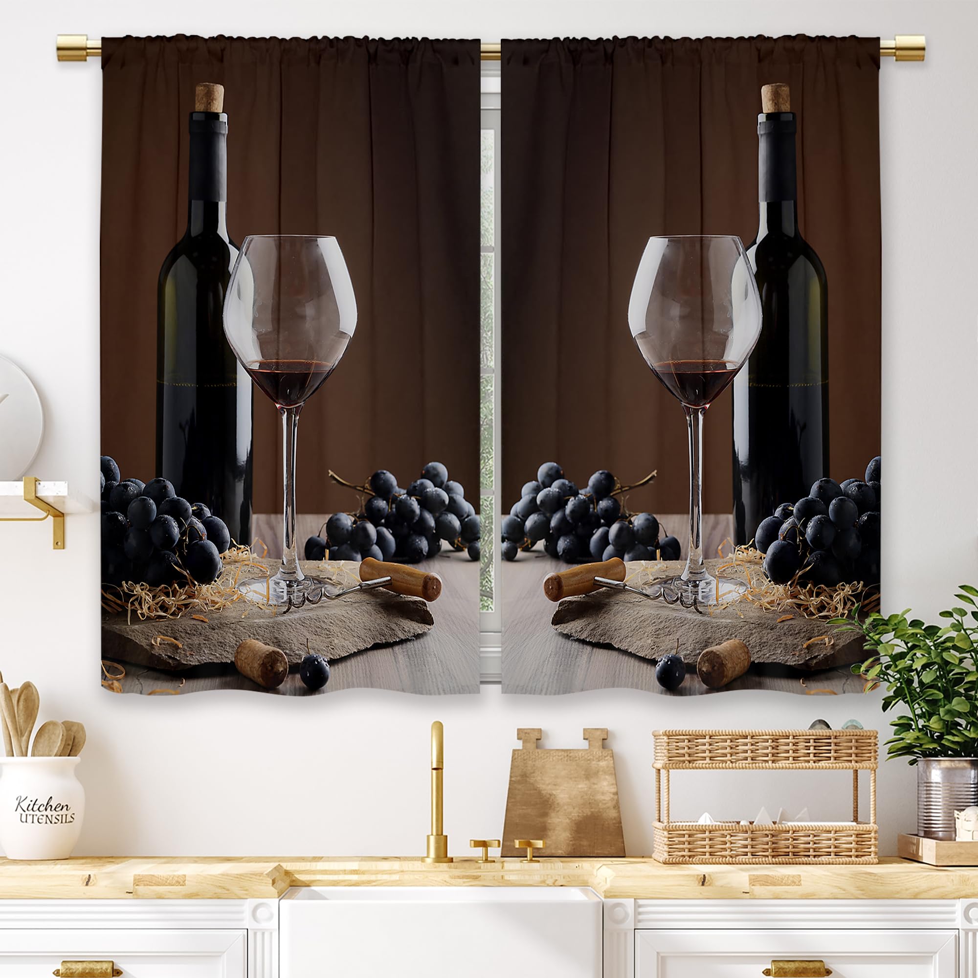 Laifzere Brown Wine Kitchen Curtains Vintage Farmhouse Country Grape Glass Small Short Cafe Window Curtains Fruit Rod Pocket Bat