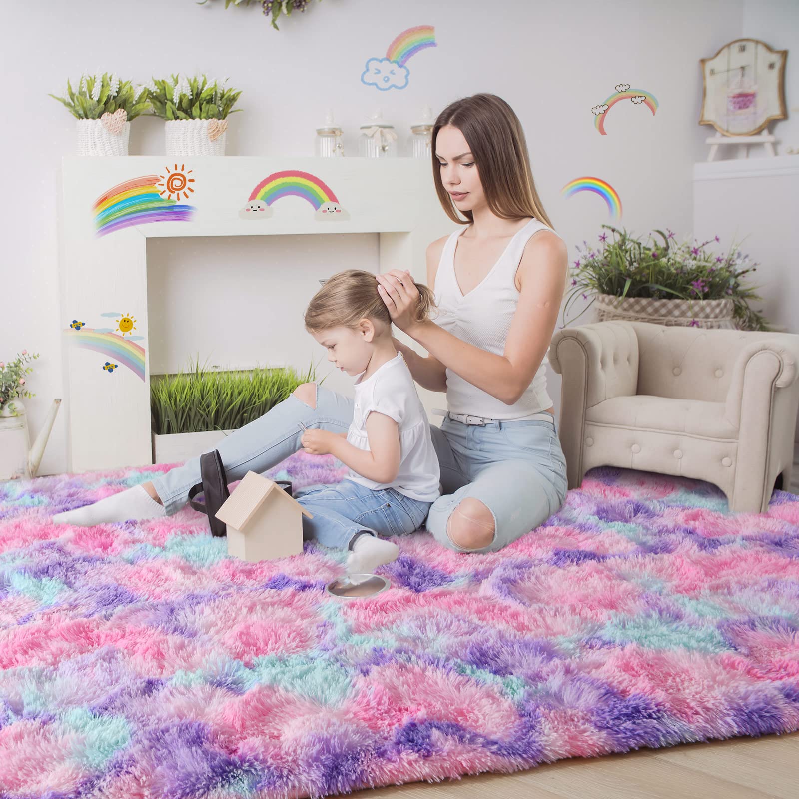 Lochas Luxury Fluffy Rainbow Area Rug For Girls Bedroom 4X6, Soft Fuzzy Kids Rugs For Bedroom Boys Playroom, Cute Colorful Tie D