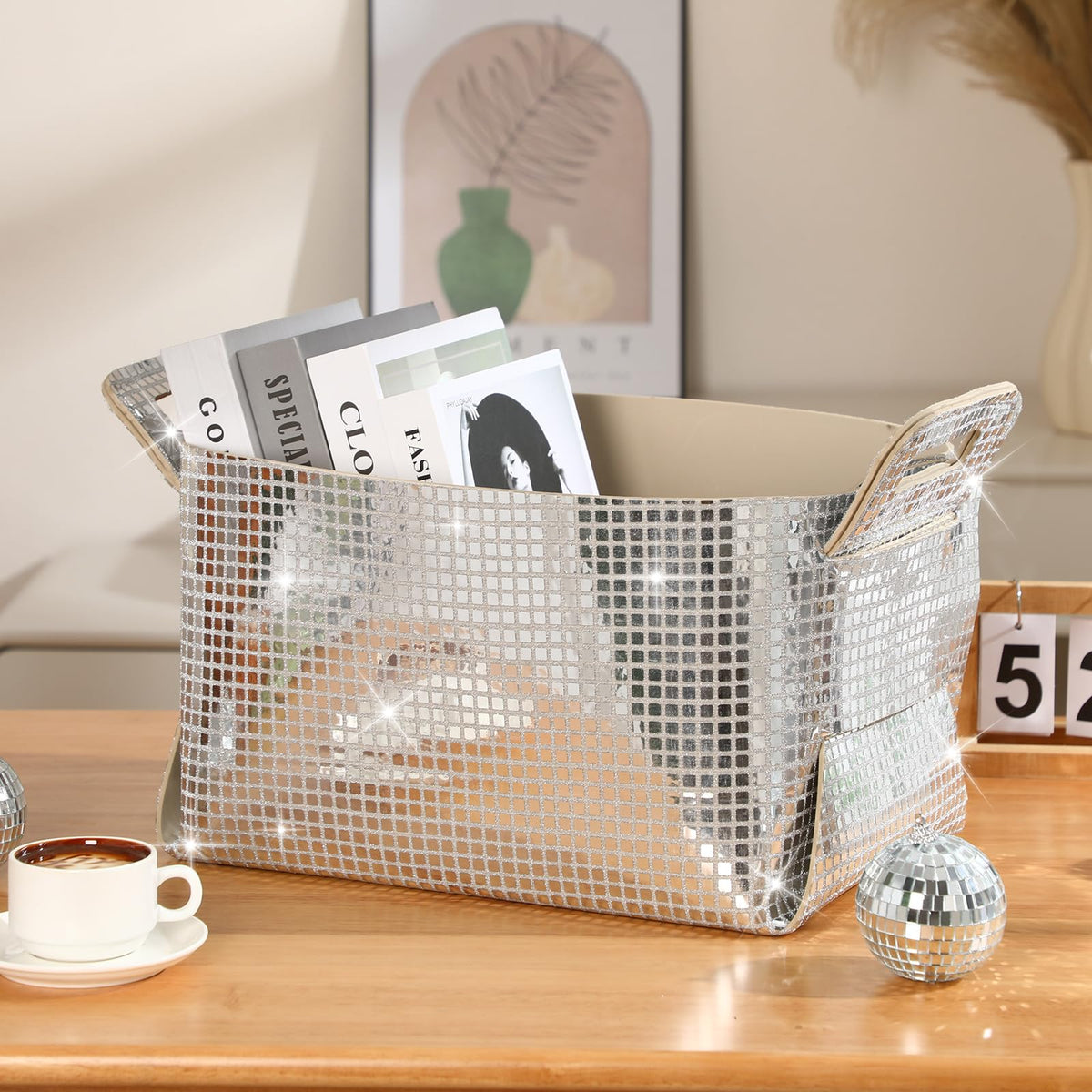 Geelin 2 Pcs Glitter Silver Disco Ball Storage Felt Basket for Organizing