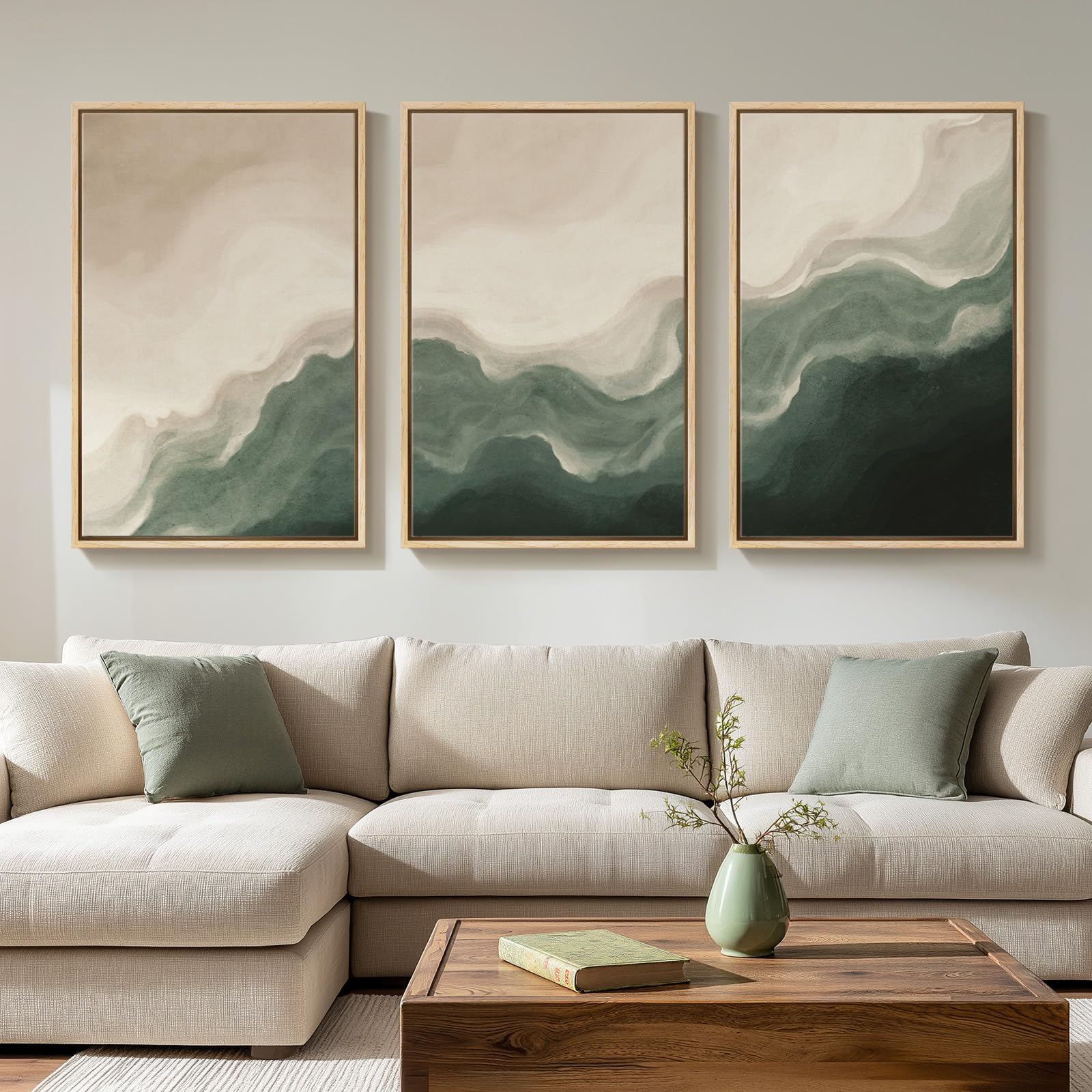 Large Framed Green and Beige Abstract Wall Art for Living Room, 3 Piece Modern Neutral Canvas Prints Paintings Artwork for Walls
