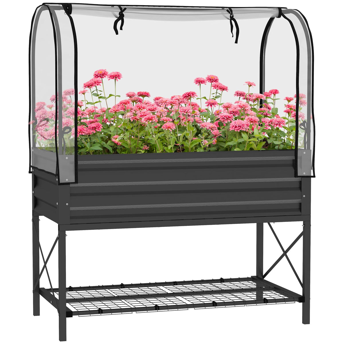 Outsunny Raised Garden Bed With Cover And Storage Shelf, Rectangular Metal Elevated Planter Box With Legs And Bed Liner For Vege