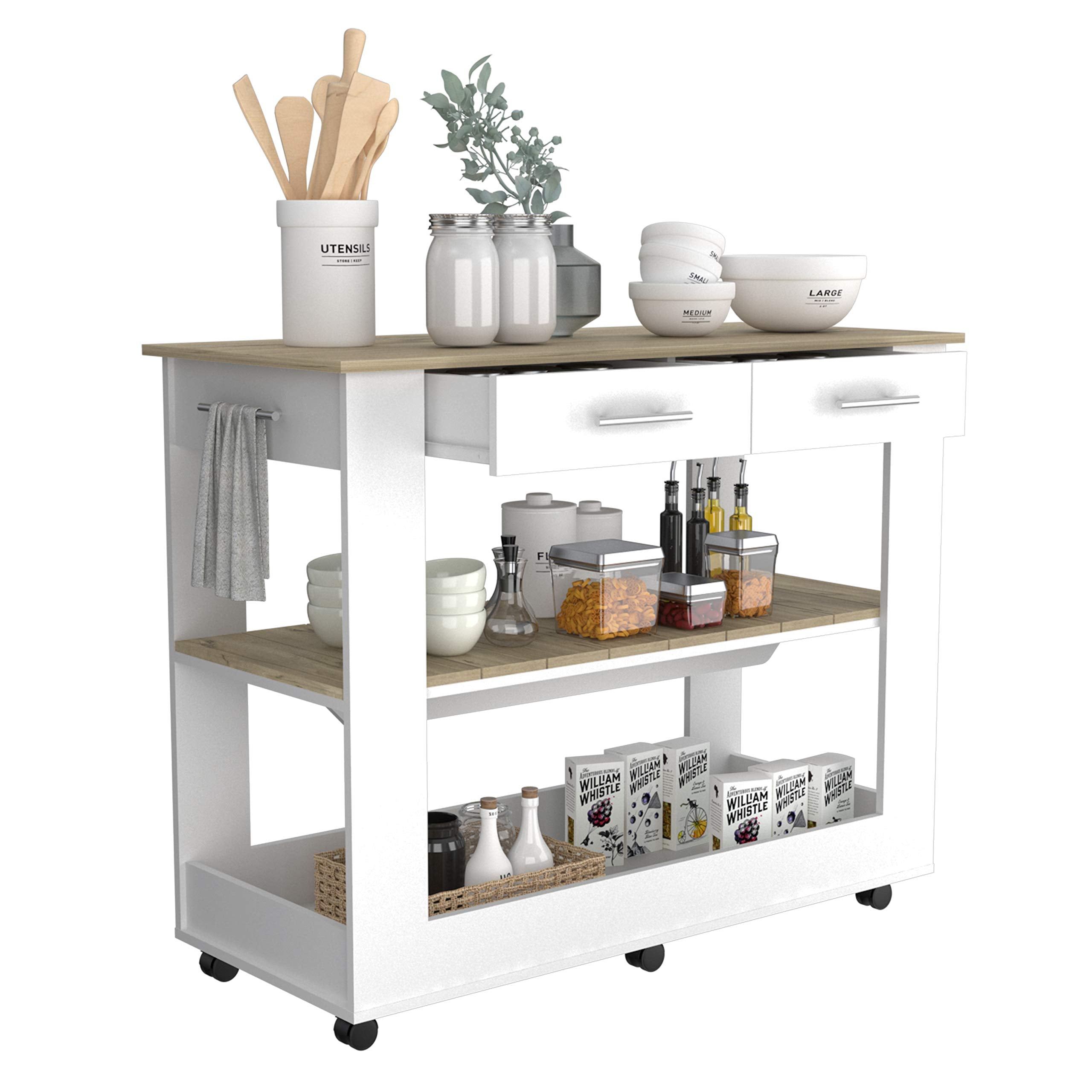 Fm Furniture Brooklyn 80 Light Oak Accented Kitchen Island, With Shelves And Drawers