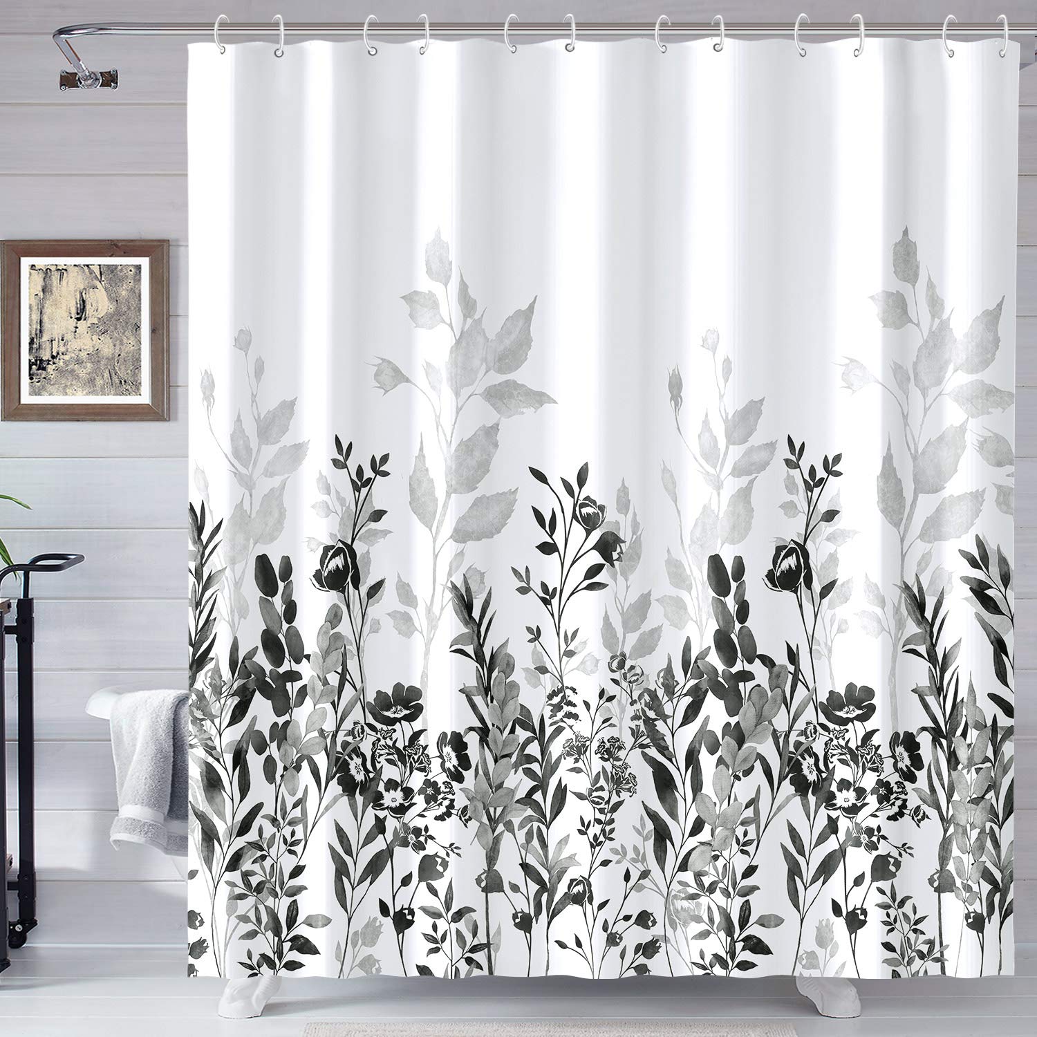 Neasow Black And Grey Shower Curtain, Watercolor Floral Bathroom Curtain Black And White Shower Curtains 72  72 Inches